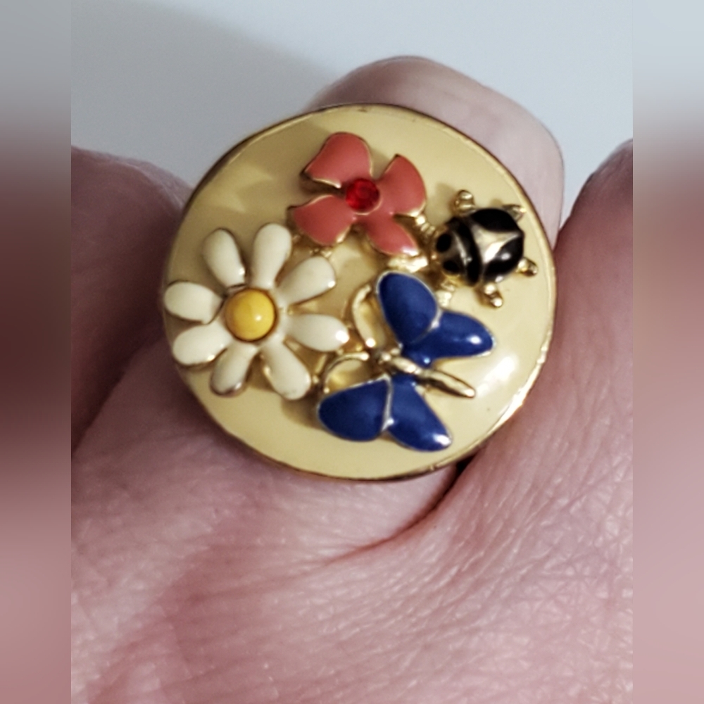Vintage enamel butterfly flower ladybug ring stretch gold 3D STUNNING - Picture 4 of 12